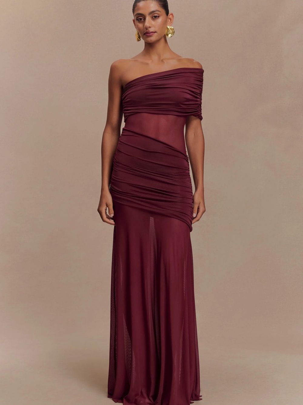 meshki Dallas One Shoulder Mesh Maxi Dress - Burgundy
